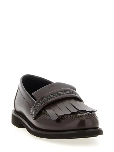 Brunello Cucinelli Leather Loafers Featuring Fringe Detail In Brown