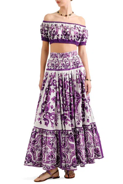 Dolce & Gabbana Violet Long Skirt With Ruffle Hem And All-over Floral Motif In Cotton Woman In Purple