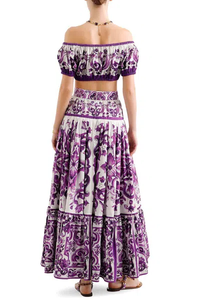 Dolce & Gabbana Violet Long Skirt With Ruffle Hem And All-over Floral Motif In Cotton Woman In Purple