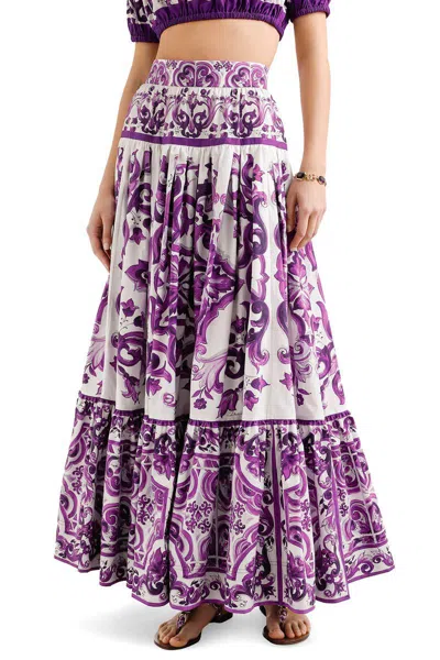 Dolce & Gabbana Violet Long Skirt With Ruffle Hem And All-over Floral Motif In Cotton Woman In Purple