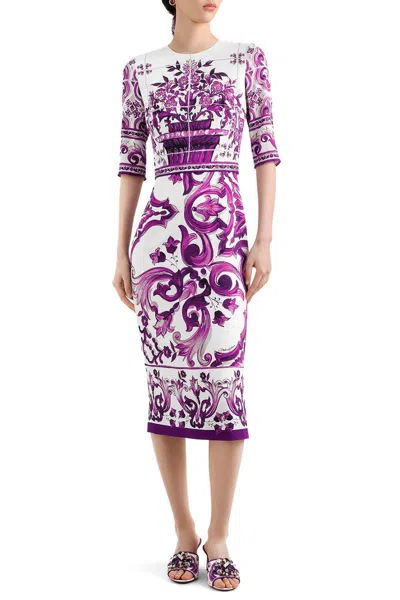 Dolce & Gabbana Violet Crewneck Dress With Rear Zip Closure And All-over Floral Print In Silk Stretch Woman In Purple