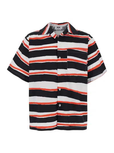 Msgm Multicolor Shirt With All-over Asymmetric Striped Motif In Brown