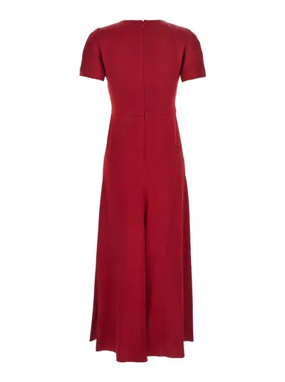 Victoria Beckham Red Crewneck Midi Dress With Gathered Waist And Rear Zip Closure In Red