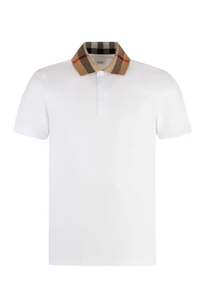 Burberry Check-collar White Polo Shirt With Three-button Placket In White