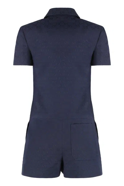 Gucci Embellished Leather-trimmed Canvas-jacquard Playsuit In Blue