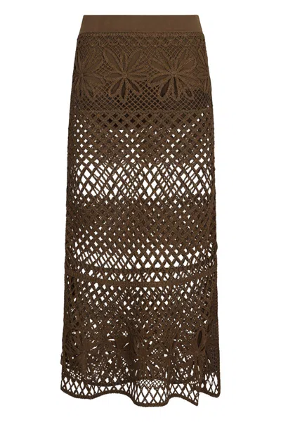 Pinko Long Skirt Made Of Viscose Blend With Patterned Crochet Effect In Green