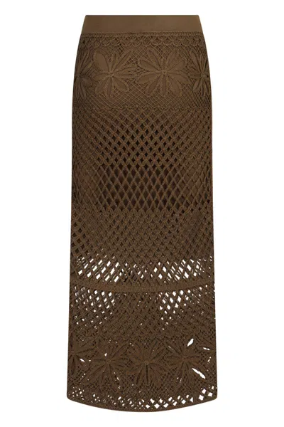 Pinko Long Skirt Made Of Viscose Blend With Patterned Crochet Effect In Green