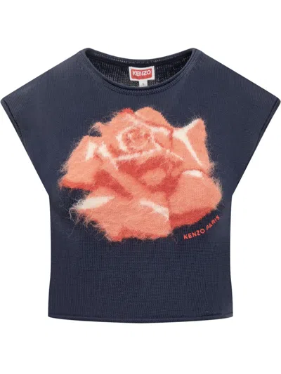 Kenzo Floral Intarsia-knit Cropped Top In Blue