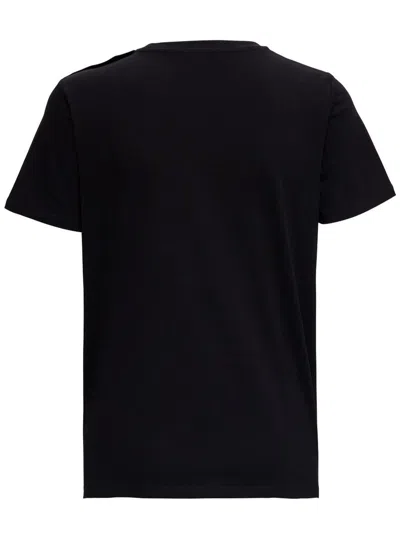 Balmain Black Crewneck T-shirt With Logo Print And Golden Buttons In Jersey Woman