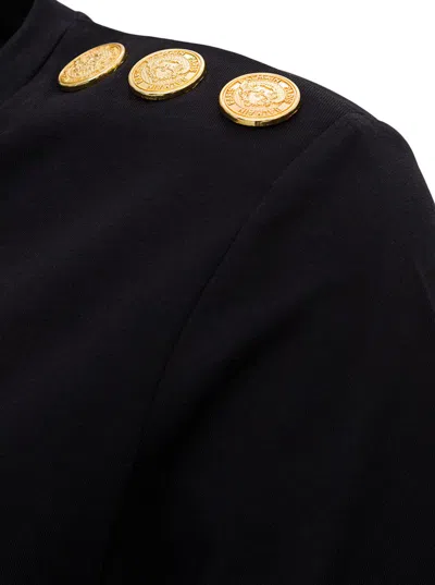 Balmain Black Crewneck T-shirt With Logo Print And Golden Buttons In Jersey Woman