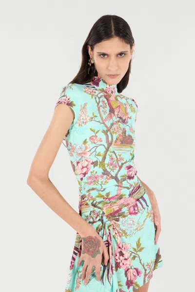 Roberto Cavalli Mini Dress With Naturalistic Pattern In Blue