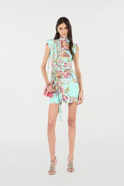 Roberto Cavalli Mini Dress With Naturalistic Pattern In Blue
