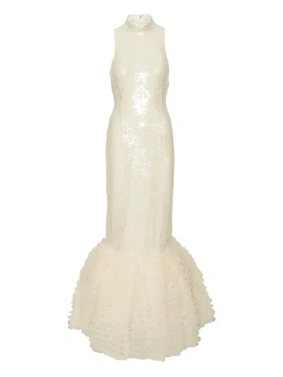 Rotate Birger Christensen Sequin-embellished Ruffled Gown In Neutral