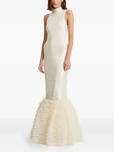 Rotate Birger Christensen Sequin-embellished Ruffled Gown In Neutral