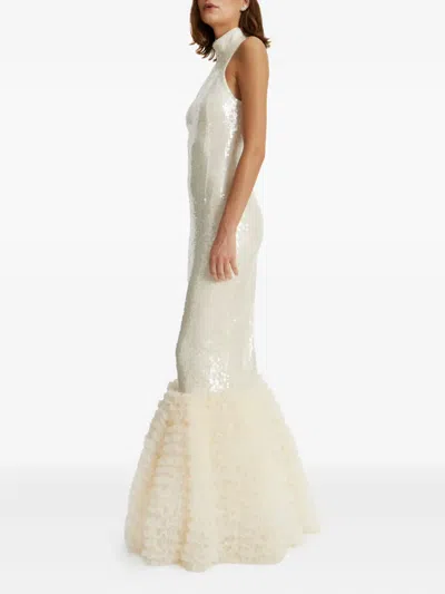 Rotate Birger Christensen Sequin-embellished Ruffled Gown In Neutral
