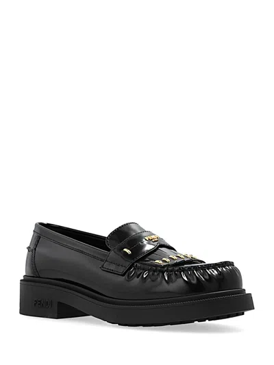 Fendi Leather Loafers With Fringed Moccasin Stitching In Black