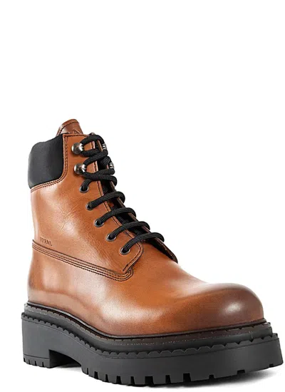 Prada Re-nylon And Leather Lace-up Boots In Brown