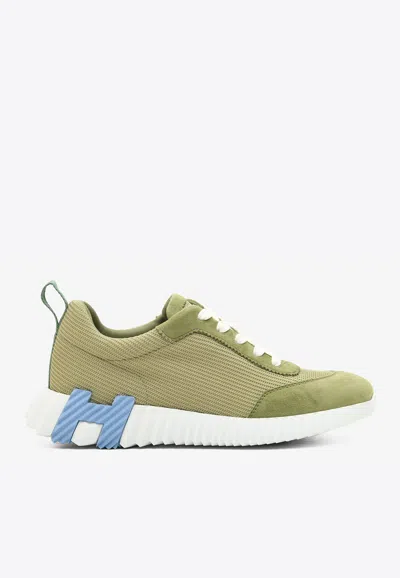 Pre-owned Hermes Bouncing Low-top Sneakers In Vert Celadon Mesh And Suede