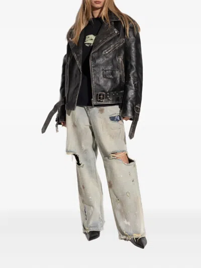 Vetements Belted Distressed Leather Jacket