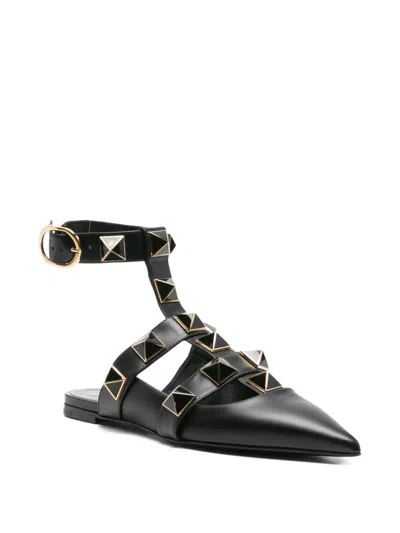 Valentino Roman Stud Pointed-toe Ballerina Flats In Black