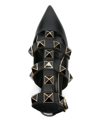 Valentino Roman Stud Pointed-toe Ballerina Flats In Black
