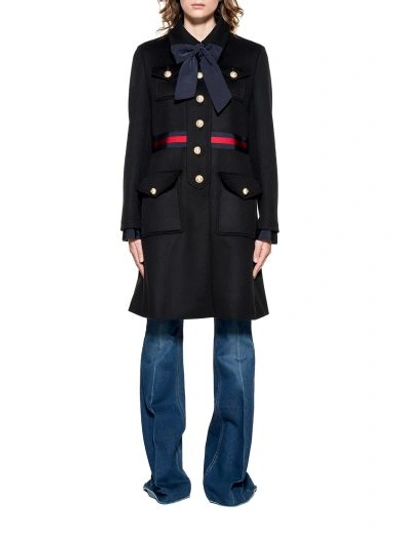 Shop Gucci Black Wool Coat With Bow