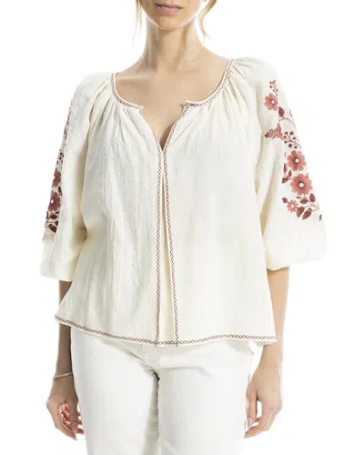 Max Studio Embroidered V-neck Ballon Sleeve Blouse In Neutral