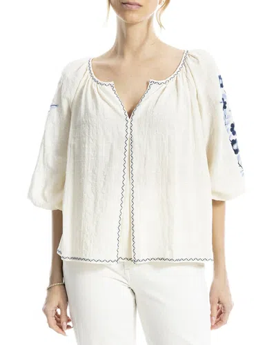 Max Studio Embroidered V-neck Ballon Sleeve Blouse In Neutral