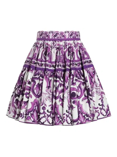 Dolce & Gabbana Violet Pleated Miniskirt With Rear Zip Closure And All-over Graphic Print In Cotton Woman