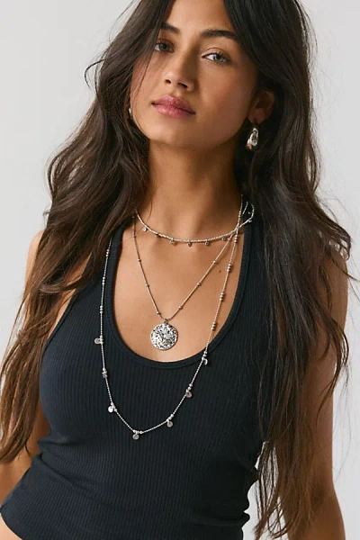 Urban Outfitters Liza Long Metal Pendant Layering Necklace Set In Silver, Women's At