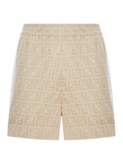 Fendi Women Beige Shorts With Elastic Waist And Wide Leg In Chambray Ff Woman