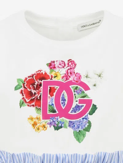 Dolce & Gabbana Girls Striped Floral Logo Dress In Blue