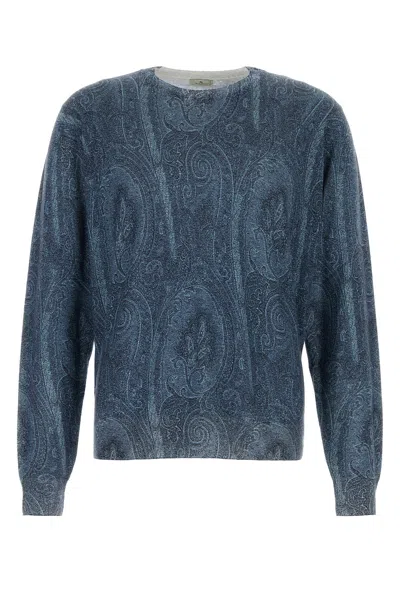 Etro Silk Blend Crew Neck Sweater With Paisley Embroidery In Blue