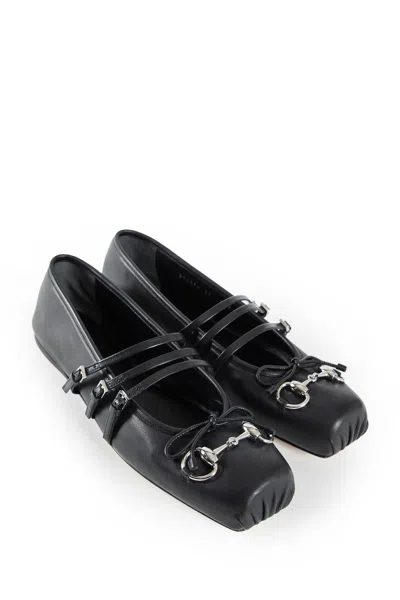 Gucci Leather Bow Detail Squared Toe Ballet Flats In Black