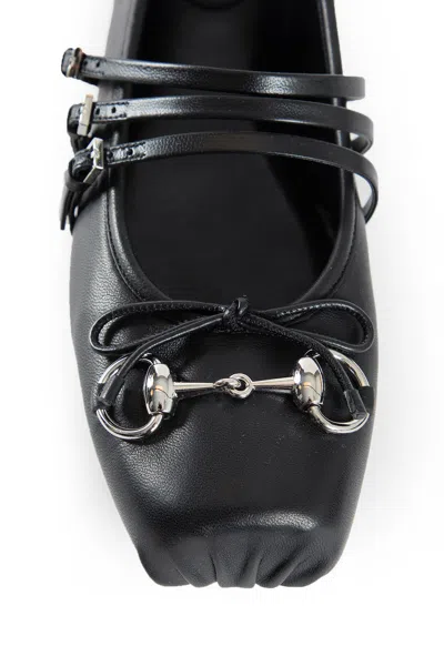 Gucci Leather Bow Detail Squared Toe Ballet Flats In Black