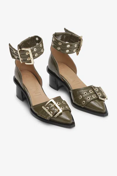 Ganni Khaki Feminine Buckle Open Cut Heels In Green