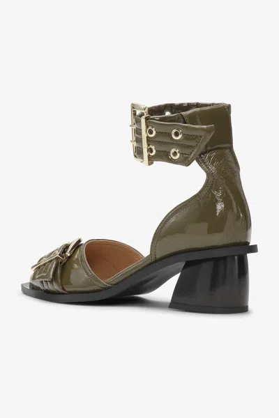 Ganni Khaki Feminine Buckle Open Cut Heels In Green