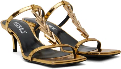 Versace Square Toe High Heel Sandals In Gold