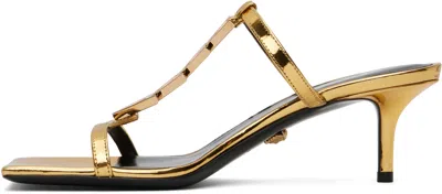Versace Square Toe High Heel Sandals In Gold
