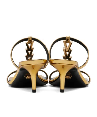 Versace Square Toe High Heel Sandals In Gold