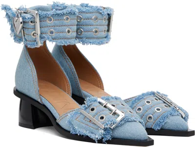 Ganni Blue Denim Feminine Buckle Open Cut Heels