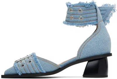 Ganni Blue Denim Feminine Buckle Open Cut Heels