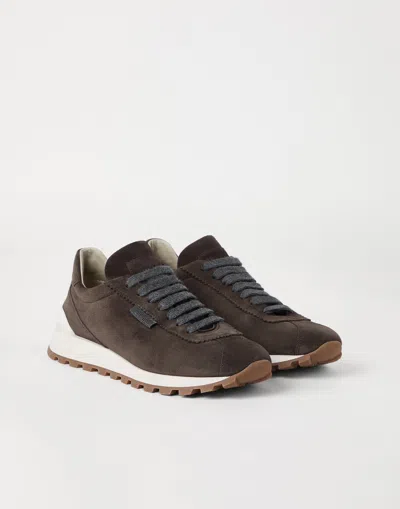 Brunello Cucinelli Brown Low Top Sneakers With Monil Detail On The Side And Embossed Logo Lettering On The Rear In Leat In Brown