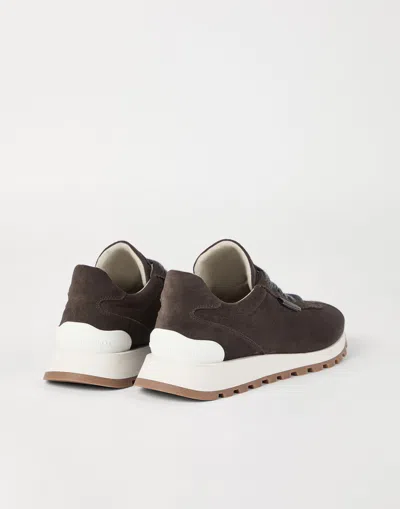 Brunello Cucinelli Brown Low Top Sneakers With Monil Detail On The Side And Embossed Logo Lettering On The Rear In Leat In Brown