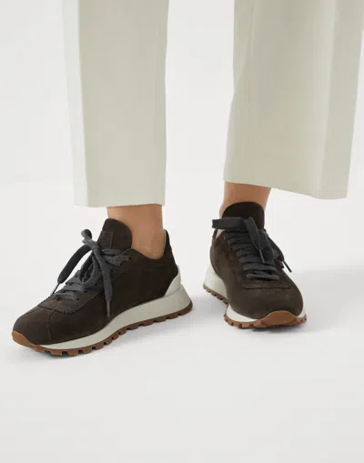 Brunello Cucinelli Brown Low Top Sneakers With Monil Detail On The Side And Embossed Logo Lettering On The Rear In Leat In Brown