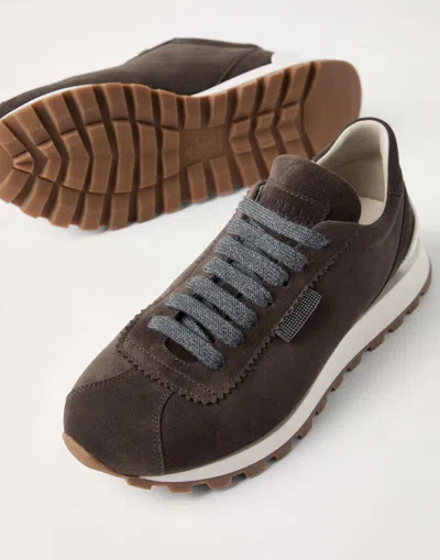 Brunello Cucinelli Brown Low Top Sneakers With Monil Detail On The Side And Embossed Logo Lettering On The Rear In Leat In Brown