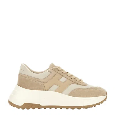 Hogan Panelled Design Leather Sneakers With Ridged Sole In Neutral