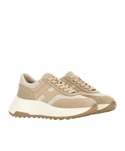 Hogan Panelled Design Leather Sneakers With Ridged Sole In Neutral
