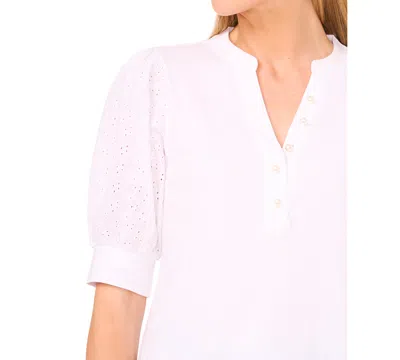 Cece Women's Cotton Puffed-sleeve Mixed-media Top In White