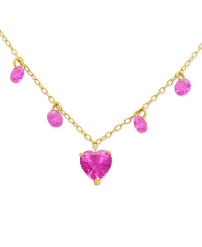 Macy's Lab Grown Pink Sapphire Heart & Dangle 18" Pendant Necklace (2-7/8 Ct. T.w.) In 14k Gold-plated Ster